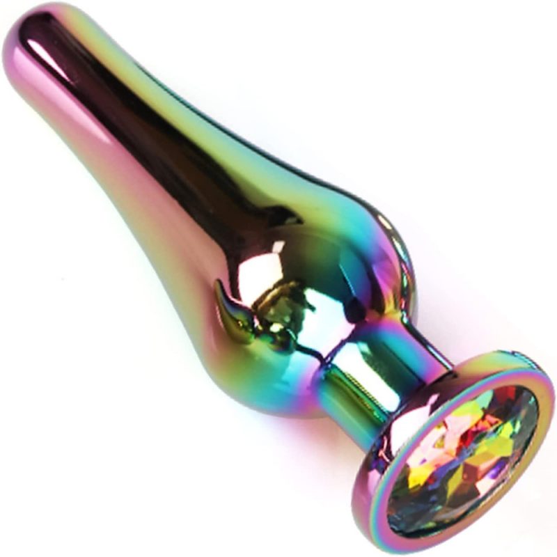Anal Sex Toys 4.33″ Rainbow Metal Butt Plug With Luxury Jewelry 2